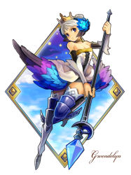 Rule 34 | 1girl, armor, armored dress, blue eyes, boots, character name, choker, crown, gwendolyn (odin sphere), jairou, multicolored wings, odin sphere, polearm, solo, spear, thigh boots, thighhighs, weapon, white hair, wings