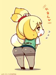 Rule 34 | 10s, 1girl, 2013, animal crossing, animal ears, artist name, ass, bent over, black eyes, blush, dated, dog, dog ears, dog girl, dog tail, flying sweatdrops, furry, furry female, hair ornament, isabelle (animal crossing), looking back, nintendo, no humans, open mouth, pantyhose, shigatake, shoes, simple background, skirt, solo, standing, sweat, sweatdrop, tail, thighband pantyhose, uniform, vest, yellow background