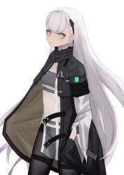 Rule 34 | 1girl, ak-alfa (girls&#039; frontline), black jacket, black pantyhose, breasts, covered navel, dress, feet out of frame, from side, girls&#039; frontline, hair ornament, hairclip, hands in pockets, highres, jacket, long hair, long sleeves, looking at viewer, open clothes, open jacket, pantyhose, small breasts, solo, standing, thomas 8000, white background, white dress, white hair, yellow eyes