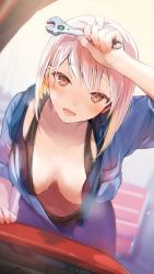 Rule 34 | 1girl, blush, breasts, brown eyes, cleavage, collarbone, highres, holding, holding wrench, jumpsuit, large breasts, long sleeves, looking at viewer, open mouth, original, short hair, silver hair, smile, solo, sweat, tomozero, wrench