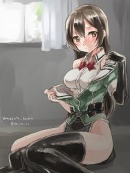Rule 34 | 10s, 1girl, bad id, bad twitter id, black gloves, black thighhighs, blush, breasts, brown eyes, brown hair, chikuma (kancolle), elbow gloves, gloves, kantai collection, koruri, light smile, long hair, looking at viewer, pelvic curtain, personification, single elbow glove, single thighhigh, sitting, sleeveless, solo, thighhighs, twitter username, undressing