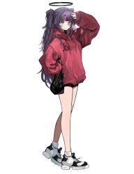 Rule 34 | absurdres, alternate costume, arm up, bag, blue archive, blue eyes, blush, cross-laced footwear, full body, hair intakes, hair rollers, halo, highres, holding, holding bag, hood, hoodie, looking at viewer, movik, purple hair, red hoodie, red pupils, short shorts, shorts, sweatdrop, twintails, walking, white background, yuuka (blue archive)