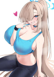 Rule 34 | 1girl, absurdres, asuna (blue archive), black pants, blue archive, blue eyes, blue sports bra, breasts, choker, funaya (a2brasd), grin, hair over one eye, halo, high ponytail, highres, huge breasts, light brown hair, long hair, looking at viewer, mole, mole on breast, navel, pants, smile, solo, sports bra, v, very long hair, white background, yoga pants