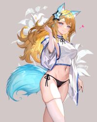 Rule 34 | 1girl, absurdres, animal ears, artist request, bare shoulders, bikini, bikini bottom only, black bikini, black nails, blonde hair, blue eyes, breasts, cameltoe, closed mouth, commission, cowboy shot, crop top, detached sleeves, eungae, fingernails, flower, fox ears, fox girl, fox tail, grey background, hair flower, hair ornament, hand up, highres, large breasts, long hair, looking at viewer, maplestory, nail polish, navel, no pants, original, second-party source, sharp fingernails, shirt, side-tie bikini bottom, simple background, single thighhigh, skindentation, sleeveless, sleeveless shirt, smile, solo, stomach, string bikini, swimsuit, tail, thighhighs, thighs, white shirt, white thighhighs, wide sleeves