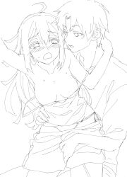 Rule 34 | 1boy, 1girl, ahoge, arm around neck, bare shoulders, between legs, blush, breasts, cleavage, clothes pull, cowboy shot, hair between eyes, hand between legs, hand on another&#039;s hip, hetero, highres, ikuhashi muiko, koujiro frau, lineart, looking at another, medium breasts, no bra, open mouth, panties, parted bangs, parted lips, robotics;notes, shirt, short hair, shorts, shorts pull, sidelocks, sleeveless, sleeveless shirt, sleeves rolled up, spaghetti strap, strap slip, sweat, underwear, undressing another, white background, yashio kaito