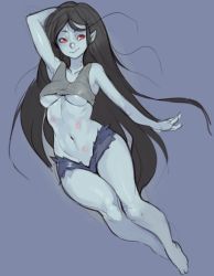Rule 34 | 1girl, adapted costume, adventure time, barefoot, bite mark, black hair, blue skin, breasts, colored skin, crop top, full body, lipstick mark, long hair, marceline abadeer, midriff, no bra, norasuko, pointy ears, red eyes, short shorts, shorts, small breasts, solo, tank top, underboob