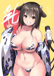 Rule 34 | 1girl, animal ears, animal print, bikini, breasts, brown eyes, brown hair, chinese zodiac, cleavage, collarbone, commentary request, cow ears, cow girl, cow horns, cow print, cowboy shot, curvy, dated, fingernails, grin, horns, japanese clothes, kimono, large breasts, looking at viewer, medium hair, milking machine, navel, original, sakuramon, sidelocks, smile, solo, swimsuit, thighs, translation request, year of the ox, yoshikawa hideaki