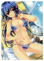 Rule 34 | 1girl, :p, absurdres, adjusting clothes, adjusting swimsuit, bare shoulders, bell, bikini, blue bikini, blue hair, bow, breasts, brown eyes, cat, cleavage, collar, collarbone, hair bow, highres, long hair, looking at viewer, lying, navel, neck bell, on back, original, refeia, scan, solo, swimsuit, tongue, tongue out, wet
