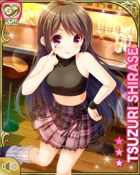 Rule 34 | 1girl, :p, ahoge, alternate hairstyle, black hair, brown background, card (medium), character name, day, girlfriend (kari), gyaru, indoors, official art, open mouth, pink skirt, plaid, plaid skirt, pleated skirt, qp:flapper, red eyes, shirase tsuzuri, shirase tuzuri, shoes, skirt, smile, socks, solo, standing, standing on one leg, tag, tagme, tank top, tongue, tongue out