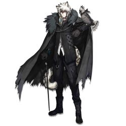 Rule 34 | 1boy, animal ear fluff, animal ears, animal on arm, arknights, bird, bird on arm, black cape, black footwear, black gloves, black jacket, black neckwear, black pants, boots, cane, cape, cross-laced footwear, full body, fur-trimmed cape, fur trim, gloves, grey eyes, hair between eyes, jacket, lace-up boots, leopard ears, leopard tail, long sleeves, looking at viewer, male focus, necktie, official art, pants, planted, ryuuzaki ichi, shirt, silver hair, silverash (arknights), standing, tail, tenzin (arknights), torn cape, torn clothes, transparent background, white shirt