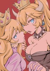 Rule 34 | 2girls, absurdres, black nails, blue eyes, borrowed design, bowsette, bracelet, breasts, brooch, cleavage, collar, commentary, crown, dress, earrings, fangs, fingernails, gloves, hand on another&#039;s chin, highres, holding hands, horns, interlocked fingers, jewelry, large breasts, light frown, long hair, looking at viewer, looking back, mario (series), multiple girls, nail polish, new super mario bros. u deluxe, nintendo, open mouth, parted lips, pink dress, pink gloves, pointy ears, princess peach, red background, sharp fingernails, shibagami, simple background, spiked bracelet, spiked collar, spikes, strapless, strapless dress, super crown, yuri