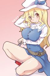 Rule 34 | 1girl, arm under breasts, belt, blonde hair, blue bow, blue footwear, blush, bow, breasts, brown belt, button gap, buttons, closed mouth, collared shirt, commentary request, dated, dress, folding fan, full body, gradient background, hand fan, hand in own hair, hat, hat bow, highres, kei jiei, large breasts, long dress, long hair, long sleeves, looking at viewer, one-hour drawing challenge, panties, pinafore dress, pink background, shiny skin, shirt, shoes, sleeveless, sleeveless dress, smile, solo, squatting, touhou, underwear, very long hair, watatsuki no toyohime, white hat, white panties, white shirt, yellow eyes