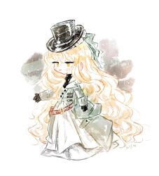 Rule 34 | 1girl, absurdly long hair, artist name, bag, bare shoulders, belt, belt buckle, black gloves, black hat, black shirt, blonde hair, blush stickers, bow, brown belt, buckle, buttons, clenched hand, closed mouth, coat, collar, collared coat, commentary, expressionless, frilled hat, frilled skirt, frills, full body, gloves, green bag, green bow, green coat, green sleeves, hair bow, hat, highres, long hair, long skirt, long sleeves, looking ahead, original, outstretched arm, saelah andlus, shirt, signature, simple background, skirt, sky, sleeveless, sleeveless shirt, solo, sparkle, star (sky), starry sky, symbol-only commentary, top hat, tote bag, turtleneck, very long hair, wavy hair, white background, white collar, white skirt, yellow eyes
