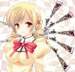 Rule 34 | 10s, 1girl, blonde hair, blush, bow, breasts, checkered background, colorized, drill hair, gun, hair ornament, hairpin, impossible clothes, impossible shirt, large breasts, magical musket, mahou shoujo madoka magica, mahou shoujo madoka magica (anime), mami (hanyumaru), puffy sleeves, rifle, school uniform, shirt, solo, tomoe mami, twin drills, twintails, upper body, weapon, yellow eyes