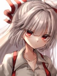Rule 34 | 1girl, bow, closed mouth, collared shirt, commentary request, fujiwara no mokou, grey hair, hair bow, highres, looking at viewer, one-hour drawing challenge, red bow, red eyes, shirt, simple background, solo, suspenders, touhou, upper body, waramori fuzuka, white background, white bow, white shirt