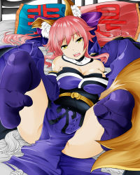 Rule 34 | 10s, 1girl, animal ears, bad id, bad pixiv id, blue thighhighs, bow, breasts, detached sleeves, fate/extra, fate (series), feet, foot focus, fox ears, fox tail, hair bow, ho-mei, japanese clothes, large breasts, no shoes, pillow, pink hair, spread legs, tabi, tail, tamamo (fate), tamamo no mae (fate/extra), thighhighs, yellow eyes