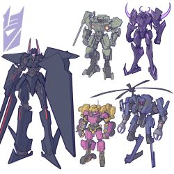 Rule 34 | 1girl, 4boys, beast machines, beast wars, blackshadow, bludgeon (transformers), claws, clenched hands, commentary, decepticon, english commentary, galvatron, genderswap, genderswap (mtf), holding, holding sword, holding weapon, insignia, kamitoge supino, mecha, multiple boys, no humans, obsidian (transformers), propeller, purple eyes, red eyes, redesign, robot, standing, strika, sword, transformers, weapon