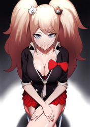 Rule 34 | 1girl, bad perspective, bear hair ornament, black shirt, blonde hair, blue eyes, bow, breasts, cleavage, closed mouth, collarbone, danganronpa: trigger happy havoc, danganronpa (series), enoshima junko, fingernails, hair ornament, highres, large breasts, long hair, looking at viewer, nail polish, necktie, plaid, plaid skirt, pleated skirt, red bow, red nails, rororo, school uniform, shirt, sitting, skirt, sleeves rolled up, smile, solo, twintails, underwear, white necktie
