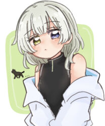 Rule 34 | 1girl, bang dream!, bang dream! it&#039;s mygo!!!!!, black cat, black shirt, blue eyes, cat, closed mouth, commentary request, green background, heterochromia, highres, jacket, kaname raana, long hair, looking at viewer, off shoulder, open clothes, open jacket, same (same d4), shirt, solo, two-tone background, upper body, white background, white hair, white jacket, yellow eyes