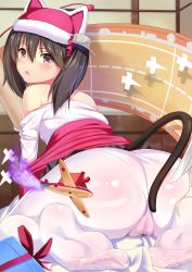 Rule 34 | 10s, 1girl, :o, ^^^, absurdres, admiral (kancolle), animal hat, ass, blush, brown eyes, brown hair, cameltoe, cat hat, cat tail, clothes lift, feet, giant, giantess, gift, hair between eyes, hat, highres, kantai collection, looking at viewer, looking back, no shoes, off shoulder, pantyhose, ryuujou (kancolle), santa hat, scroll, sitting, sitting on person, skirt, skirt lift, soles, tail, tempuru, toes, twintails, wariza, white pantyhose