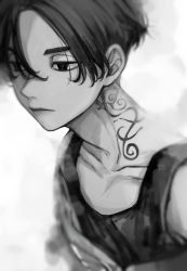 Rule 34 | 1boy, absurdres, closed mouth, collarbone, empty eyes, greyscale, hair between eyes, highres, looking away, male focus, monochrome, neck tattoo, pizza oisii6, sano manjirou, short hair, simple background, solo, tank top, tattoo, tokyo revengers, upper body