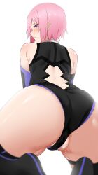 Rule 34 | 1girl, absurdres, arind yudha, ass, back cutout, bare shoulders, black leotard, black thighhighs, blush, closed mouth, clothing cutout, embarrassed, fate/grand order, fate (series), from behind, highres, leotard, looking at viewer, looking back, mash kyrielight, partially visible vulva, pink hair, purple eyes, pussy juice, short hair, simple background, solo, thighhighs, thighs, white background