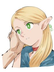 Rule 34 | 1boy, 1girl, blonde hair, blue cape, bright pupils, cape, choker, dungeon meshi, elf, hand on another&#039;s face, highres, laios touden, long hair, marcille donato, parted lips, pointy ears, red choker, shirako (kirupi), simple background, white background, white pupils