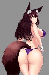 Rule 34 | 1girl, :&lt;, angry, animal ears, ass, bikini, blush, breasts, brown eyes, brown hair, dimples of venus, female focus, fox ears, fox tail, from behind, highres, large breasts, long hair, looking at viewer, puffy nipples, purple bikini, red eyes, simple background, solo, standing, swimsuit, tail, wolfheck