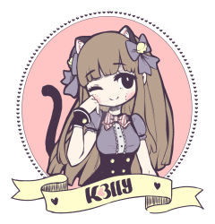 Rule 34 | 1girl, angelica (k3lly), animal ears, arm at side, artist name, bell, black bow, black eyes, blush, bow, bowtie, breasts, brown hair, cat ears, cat tail, closed mouth, grey shirt, hair bell, hair bow, hair ornament, head tilt, heart, highres, kemonomimi mode, long hair, one eye closed, original, puffy short sleeves, puffy sleeves, ribbon, shirt, short sleeves, small breasts, smile, solo, stitched blush, striped bow, striped bowtie, striped clothes, striped neckwear, tail, watermark, web address, wrist cuffs, yellow ribbon