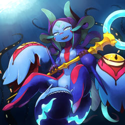 Rule 34 | 1girl, aqua eyes, blue skin, breasts, colored skin, facial mark, fantasy, fewer digits, fins, fish girl, forehead mark, highres, holding, holding staff, kamukamu6392, looking at viewer, monster girl, multicolored skin, no feet, original, purple hair, sharp teeth, small breasts, staff, tail mouth, teeth, tentacle hair, tentacles, underwater