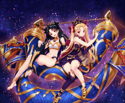 Rule 34 | 2girls, :d, anklet, armlet, asymmetrical gloves, asymmetrical legwear, asymmetrical sleeves, bare shoulders, barefoot, black hair, blonde hair, blush, bow, breasts, cape, chain, cleavage, crown, detached sleeves, dress, earrings, elbow gloves, ereshkigal (fate), eyelashes, fate/grand order, fate (series), feet, gloves, grin, hair bow, heavenly boat maanna, high heels, highres, hoop earrings, ishtar (fate), jewelry, long hair, looking at viewer, matsuryuu, medium breasts, multiple girls, navel, open mouth, parted bangs, red cape, red eyes, siblings, single detached sleeve, single elbow glove, single thighhigh, sisters, skull, smile, spine, stirrup legwear, sweatdrop, thighhighs, toeless legwear, two side up, uneven gloves, uneven legwear, uneven sleeves