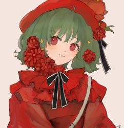 Rule 34 | 1girl, alternate costume, beret, black bow, blush, bow, commentary, flower, green hair, hat, highres, light smile, looking to the side, macross, macross frontier, osatsu a, ranka lee, red eyes, red flower, red hat, short hair, smile, solo, symbol-only commentary