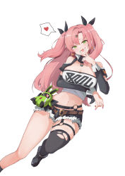 Rule 34 | 1girl, :d, absurdres, arm under breasts, bare shoulders, black footwear, black ribbon, black shorts, black thighhighs, breasts, cleavage, commentary, cutoffs, detached sleeves, english commentary, foot out of frame, green eyes, green nails, hair ornament, hair ribbon, hairclip, hand up, head tilt, heart, highres, large breasts, long hair, long sleeves, looking at viewer, micro shorts, midriff, nail polish, navel, nicole demara (zenless zone zero), open fly, open mouth, pink hair, purple nails, ribbon, shorts, simple background, single thighhigh, smile, solo, spoken heart, stomach, strapless, thigh strap, thighhighs, thighs, tube top, two side up, v, very long hair, white background, zarsy, zenless zone zero