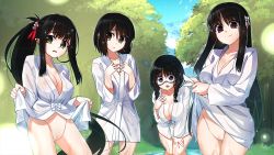 Rule 34 | 4girls, black hair, braid, breasts, censored, cleavage, closed mouth, eyebrows, flat chest, game cg, glasses, grass, green eyes, happy, highres, horns, izumi iko, kohime, kujou riri, large breasts, legs, long hair, looking at viewer, mosaic censoring, multiple girls, nude, oni, oni ga kuru. ~ane ga hinshi de pinchi desu~, outdoors, parted lips, pointy ears, ponytail, purple eyes, pussy, red eyes, river, short hair, sky, smile, standing, tainaka sachi, takamine haruko, thighs, tree, twin braids, water, wet, wet clothes, yellow eyes