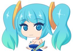 Rule 34 | 1girl, blue eyes, blue hair, breasts, chibi, cleavage, jcdr, league of legends, looking at viewer, sona (league of legends), twintails