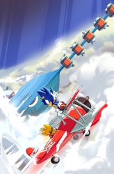 Rule 34 | 2boys, absurdres, adam bryce thomas, aircraft, airplane, airship, blue sky, closed mouth, cloud, day, flying, furry, furry male, gloves, green eyes, highres, male focus, multiple boys, piloting, red footwear, signature, sky, smile, sonic (series), sonic the hedgehog, tails (sonic), vehicle focus, white gloves