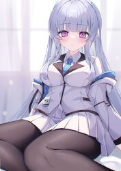 Rule 34 | 1girl, absurdres, blue archive, blue necktie, blush, breasts, collared shirt, crotch outline, formal, gou 213, grey hair, halo, highres, id card, jacket, large breasts, long hair, long sleeves, looking at viewer, miniskirt, necktie, noa (blue archive), off shoulder, open clothes, open jacket, pantyhose, pleated skirt, purple eyes, shirt, sidelocks, skirt, solo, suit, two-sided fabric, two-sided jacket, white jacket, white shirt, white skirt