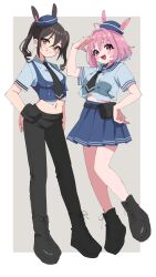 Rule 34 | 2girls, ahoge, animal ears, arm up, black footwear, black hair, black necktie, black pants, blue headwear, blue sailor collar, blue shirt, blue skirt, blush stickers, boots, breasts, commentary, crossed bangs, fang, full body, grin, hair between eyes, hair intakes, hand on own hip, hat, highres, idolmaster, idolmaster cinderella girls, looking at viewer, medium breasts, mini hat, miniskirt, mole, mole under eye, multicolored hair, multiple girls, navel, necktie, open mouth, pants, platform boots, platform footwear, pouch, raised eyebrows, sailor collar, shirt, short sleeves, simple background, skin fang, skirt, smile, standing, sukoyaka (100hituzi), sunazuka akira, sweatdrop, symbol-only commentary, thighs, twintails, two-tone hair, yumemi riamu