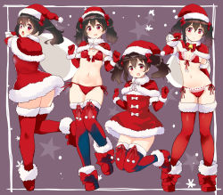Rule 34 | 1girl, bikini, black hair, bow, breasts, capelet, christmas, footwear bow, front-tie top, fur-trimmed capelet, fur trim, gloves, hair bow, hat, holding, holding sack, kurokawa makoto, looking at viewer, love live!, love live! school idol project, multiple views, navel, open mouth, red bikini, red bow, red capelet, red eyes, red footwear, red gloves, red headwear, red thighhighs, sack, santa bikini, santa hat, shoes, side-tie bikini bottom, small breasts, smile, stomach, swimsuit, thighhighs, twintails, yazawa nico