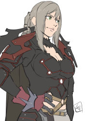 Rule 34 | 1girl, aranea highwind, armor, breasts, cleavage, closed mouth, final fantasy, final fantasy xv, gloves, green eyes, highres, kurita shin&#039;ichi, long hair, ponytail, simple background, smile, solo, white background