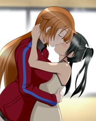 Rule 34 | 2girls, black hair, blush, breasts, charlotte e. yeager, closed eyes, francesca lucchini, hug, kiss, large breasts, long hair, multiple girls, orange hair, strike witches, tanaka rikimaru, twintails, world witches series, yuri