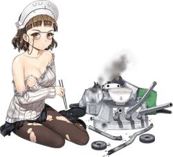 Rule 34 | 10s, 1girl, bare shoulders, boots, bowl, breasts, brown eyes, brown hair, carrying bag, chopsticks, cleavage, damaged, eyewear strap, food, full body, glasses, handle, hat, headdress, jewelry, jiji (aardvark), kantai collection, large breasts, long hair, lowres, machinery, necklace, official art, on ground, pantyhose, ribbed sweater, roma (kancolle), short hair, sitting, skirt, solo, source request, sweater, torn clothes, torn pantyhose, torn sweater, transparent background, turret, wheel