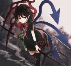Rule 34 | 1girl, asymmetrical wings, black dress, black hair, black thighhighs, bow, dress, expressionless, highres, houjuu nue, looking at viewer, pointy ears, polearm, red bow, red eyes, short dress, short hair, short sleeves, smoke, snake, solo, thighhighs, thkani, touhou, trident, weapon, wings, wrist cuffs, zettai ryouiki