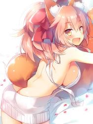 Rule 34 | 1girl, animal ears, ass, back, backless dress, backless outfit, bare back, bare shoulders, blush, breasts, butt crack, dress, fate/grand order, fate (series), fox ears, fox tail, hair ribbon, halterneck, large breasts, long hair, looking at viewer, meme attire, naked sweater, open mouth, pink hair, red ribbon, ribbon, sazaki ichiri, sideboob, simple background, smile, solo, sweater, sweater dress, tail, tamamo (fate), tamamo cat (fate), tamamo no mae (fate/extra), virgin killer sweater, white background, white sweater, yellow eyes