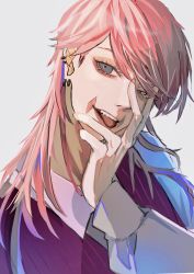 Rule 34 | 1boy, earrings, grey background, grey eyes, hand on own face, hand up, highres, jewelry, long hair, long sleeves, looking at viewer, male focus, ogura aoi, open mouth, pink hair, purple vest, sanzu haruchiyo, scar, scar on face, shirt, simple background, smile, solo, teeth, tokyo revengers, tongue, tongue out, upper body, vest, white shirt