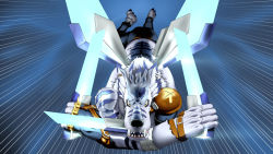 Rule 34 | 1boy, artist request, attack, belt, brass knuckles, digimon, digimon (creature), ear piercing, earrings, emphasis lines, fangs, full body, furry, furry male, highres, holding, holding weapon, incoming attack, jewelry, mechanical wings, muscular, night, night sky, no humans, no shirt, pants, piercing, scar, sky, solo, spikes, weapon, weregarurumon, weregarurumon sagittarius mode, werewolf, wings