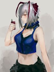 Rule 34 | 1girl, antennae, arknights, bare arms, breasts, camisole, cleavage, cowboy shot, green skirt, grey background, grey hair, holding, looking at viewer, medium breasts, midriff, navel, noccu, orange eyes, parted lips, skirt, solo, standing, w (arknights)