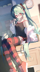 Rule 34 | 1girl, absurdres, bespectacled, black tank top, black thighhighs, breasts, cabinet, clock, commentary, flower, glasses, green hair, green nails, hatsune miku, headphones, highres, id card, indoors, jacket, jewelry, jiu ye sang, long hair, looking at viewer, nail polish, natural (module), necklace, off shoulder, pleated skirt, red-framed eyewear, red eyes, red footwear, red skirt, red thighhighs, shoes, sitting, skirt, small breasts, smile, sneakers, solo, striped clothes, striped thighhighs, tank top, thighhighs, vocaloid, white flower, white jacket