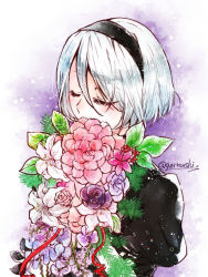 Rule 34 | 1girl, black hairband, bob cut, bouquet, closed eyes, commentary, covered mouth, eyelashes, eyes visible through hair, flower, hairband, holding, holding bouquet, long eyelashes, nier:automata, nier (series), no blindfold, pink flower, puffy sleeves, purple flower, short hair, silver hair, solo, twitter username, upper body, 2b (nier:automata)