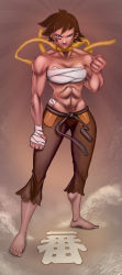 Rule 34 | 1girl, abs, bandages, bare shoulders, barefoot, breasts, brown eyes, brown hair, capri pants, choker, cleavage, clenched hands, ez4me, facepaint, highres, makoto (street fighter), muscular, navel, no shirt, pants, ribbon choker, sarashi, scarf, topless male, short hair, solo, street fighter, torn clothes, torn pants